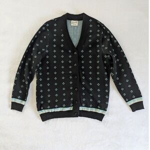 VTG Devonette Polytron Black‎ Geometric Print V Neck Cardigan Sweater Women's
